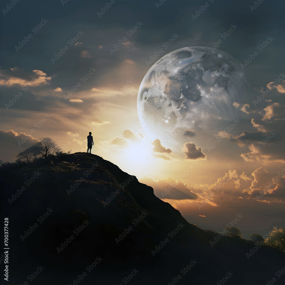 silhouette of a person standing on a hill looking at the moon, ai generated.