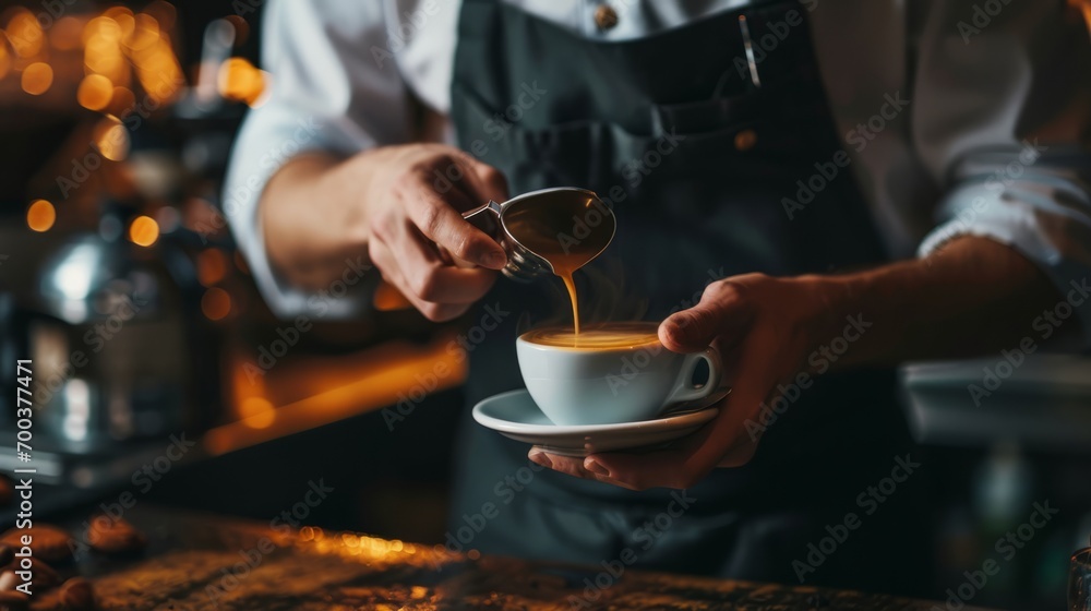 A bartender in a black apron prepares a cup of coffee A bartender in a black apron prepares a cup of coffee