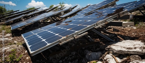 Damaged solar panels at Sa Caseta Parc Fotovoltaic in Llucmajor, Mallorca, Spain. photo