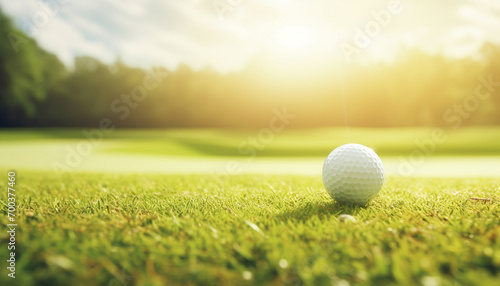 Close up golf ball on green grass field. Generative AI. photo