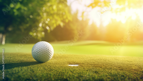 Close up golf ball on green grass field. Generative AI. photo