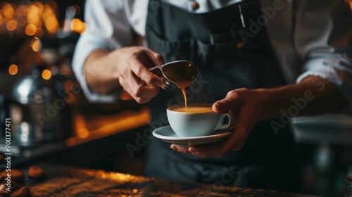 A bartender in a black apron prepares a cup of coffee