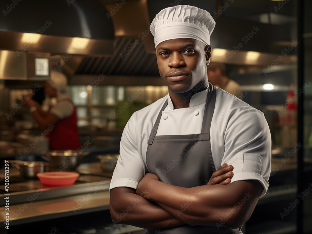  Talented black chef standing in restaurant kitchen