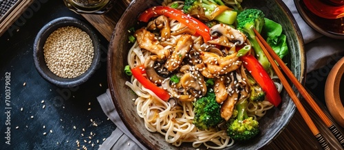 Photo of Chinese vegetable noodles with chicken, mushrooms, broccoli, pepper, lettuce, asparagus, and sesame seeds. photo