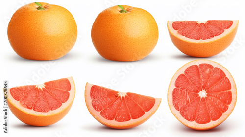 Whole and cut grapefruits collection isolated on white. Cut fresh grapefruits. AI Generative
