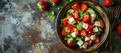 Summer fruit salad with strawberries, cucumbers, and feta cheese. Overhead view with empty space.