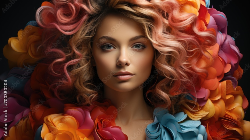 Vibrant beauty, caucasian woman with colorful, curly hair poses for picture