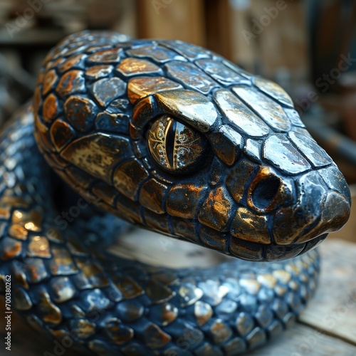 A close up of a statue of a snake, small decorative metal object