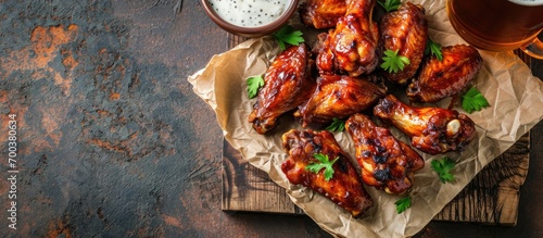 Chicken wings in Buffalo style, served with beer, top view with space for text.