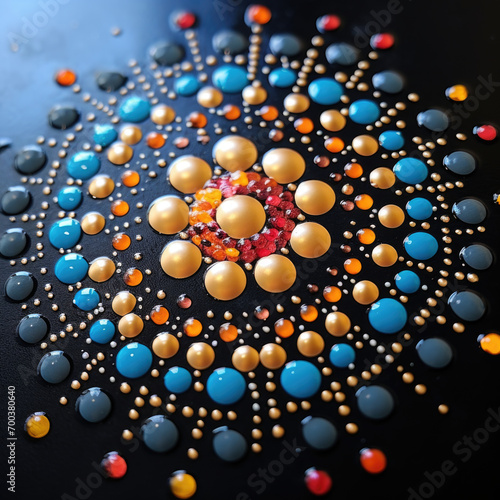 Close-up on colorful mandala, ornate geometric pattern with point dots on black background. © Friedbert