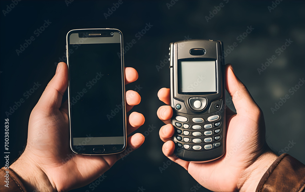 Hand Holding a New Mobile Phone Beside Another Hand Holding an Older Model. Old vs New Technology Hand Holding a New Mobile Phone Beside Another Hand Holding an Older Model. Old vs New Technology
