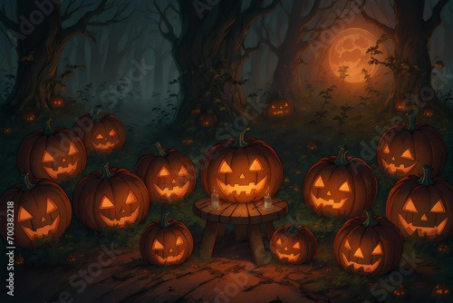 Halloween pumpkin in a dark forest with full moon