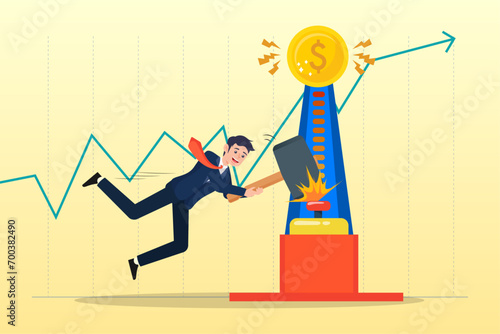 Businessman investor with hammer hit hard on strength tester to reach it top new high graph, investment asset price hit all time high, market rising, stock, crypto currency, gold price rally (Vector)