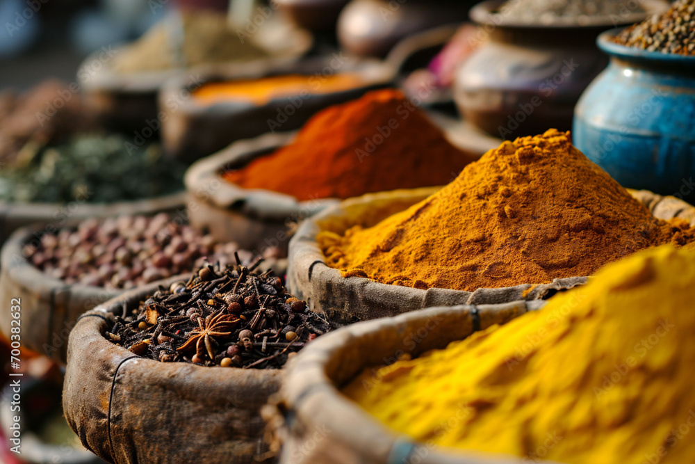 Spice Market. Diverse Bowls and Bags Overflowing with Aromatic Spices and Herbs for an International Cooking Odyssey Spice Market. Diverse Bowls and Bags Overflowing with Aromatic Spices and Herbs for an International Cooking Odyssey