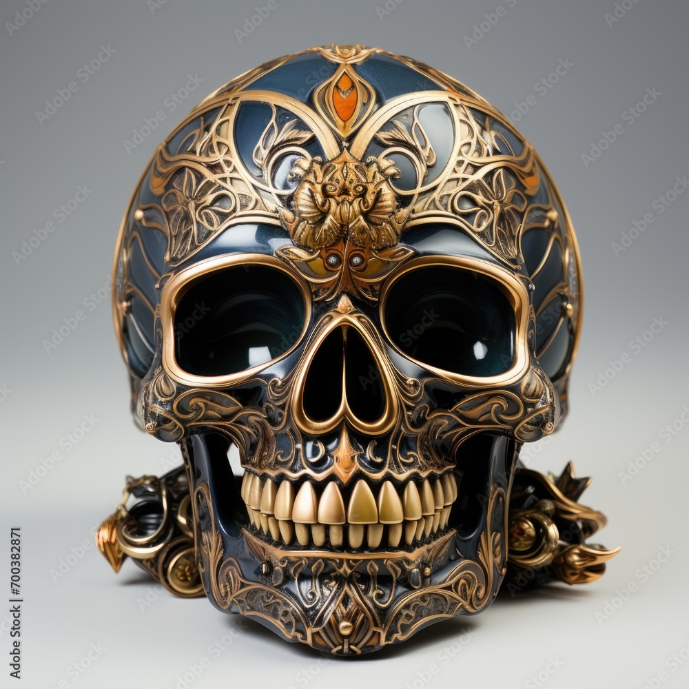 A gold and blue skull with a crown on its head, small decorative metal object