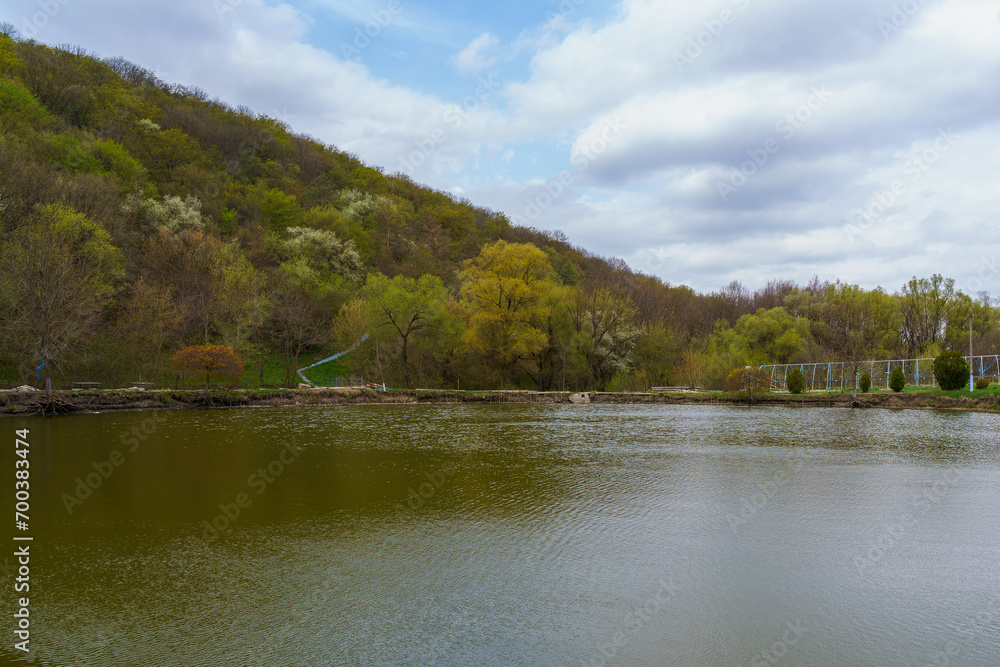 Lake near the monastery. Background with selective focus and copy space Lake near the monastery. Background with selective focus and copy space
