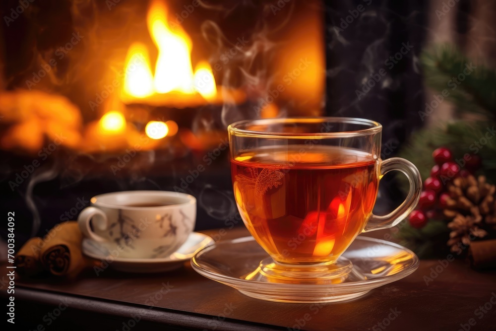 A cup of hot tea against the background of a fireplace. Cup made of transparent glass. A cup of hot tea against the background of a fireplace. Cup made of transparent glass.