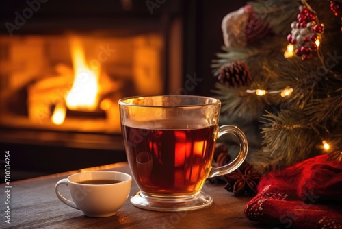 A cup of hot tea against the background of a fireplace. Cup made of transparent glass.