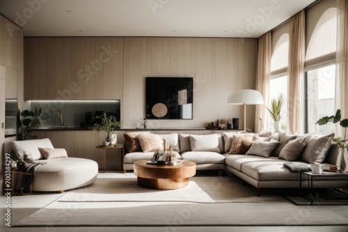 Interior home design of modern living room with white sofa and table © Basileus