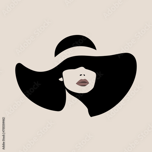 Portret pięknej kobiety w eleganckim kapeluszu z szerokim rondem w minimalistycznym stylu. Młoda dziewczyna z czerwonymi ustami. Ilustracja wektorowa High Fashion.