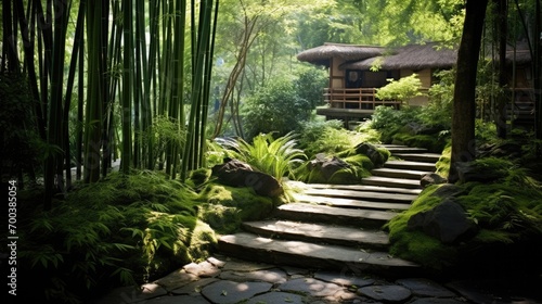A tranquil bamboo garden with a winding pathway.