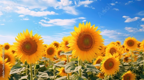 A sunflower field stretching to the horizon under a clear blue sky.