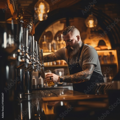 Brewmaster's Touch: Close Shot of a Skilled Man Filling a Glass of Beer Directly from the Tap