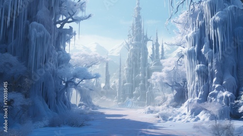 A snow-covered wonderland with glistening icicles.
