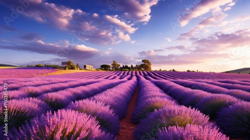 A serene lavender field with rows of fragrant purple flowers.
