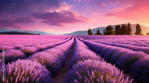 A serene lavender field with rows of fragrant purple flowers.