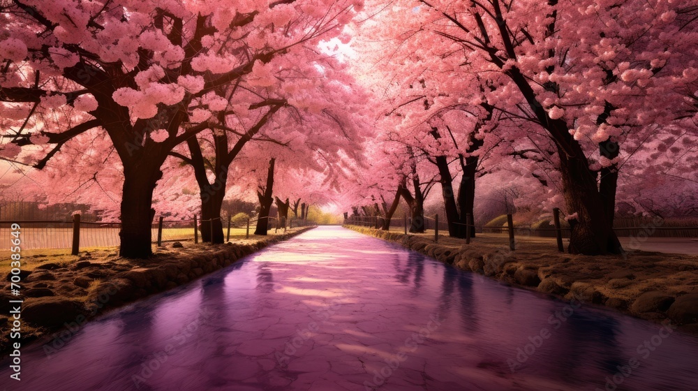 A serene cherry blossom grove in full bloom.