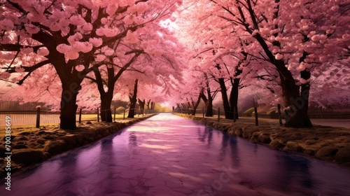 A serene cherry blossom grove in full bloom.