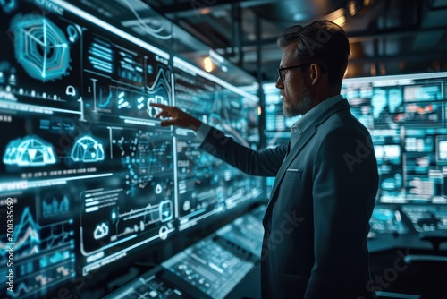 A businessman in a futuristic control room, pressing a holographic button labeled 'Secure VPN', surrounded by floating digital screens showing encrypted data streams.