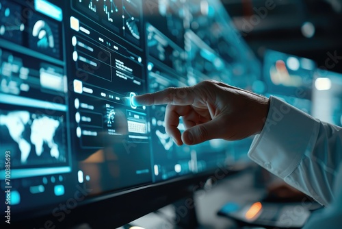 A businessman in a network operations center, his hand hovering over a button that activates a secure cloud storage service, screens around him showcasing encrypted file transfers. © Lucija