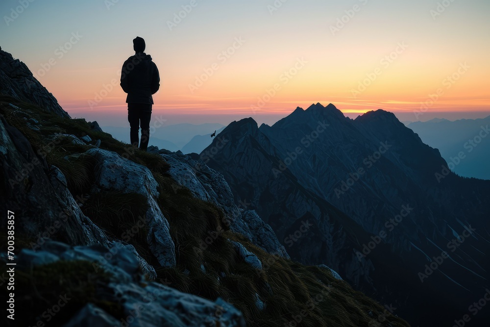 A man's silhouette against the backdrop of a grand mountain range at sunset, his prayerful stance a testament to the enduring strength of faith.