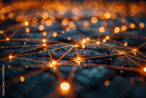 A grid of luminous, interconnected circuits, casting a soft glow on the dark surroundings, embodying the networked nature of future business and internet technology.