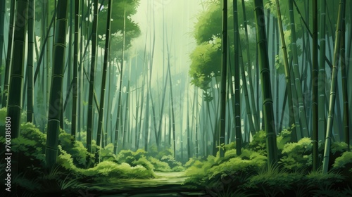 A serene bamboo forest with tall  slender stalks.