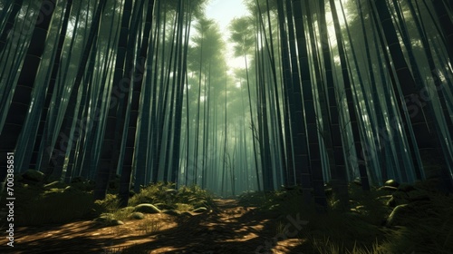 A serene bamboo forest with tall  slender stalks.