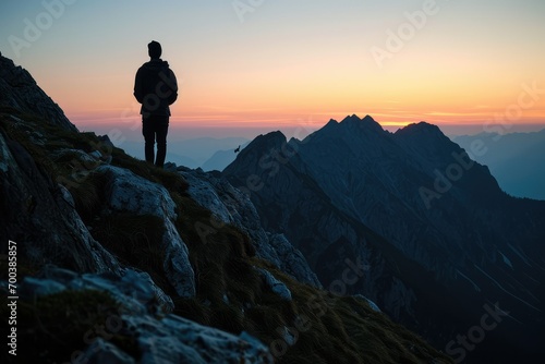 A man's silhouette against the backdrop of a grand mountain range at sunset, his prayerful stance a testament to the enduring strength of faith.