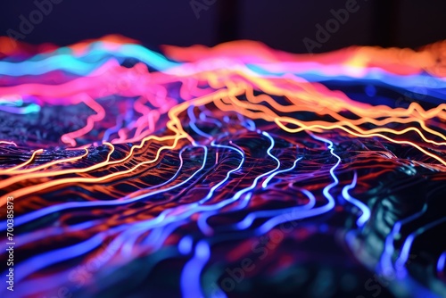 Fotótapéta A network of neon lines ebbs and flows like a glowing river, representing the abstract beauty of a topographic contour map set against the dark void
