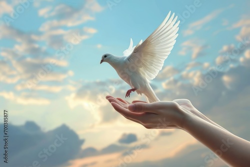A pair of hands releasing a white dove into the sky, against a backdrop of soft clouds, representing peace, the Holy Spirit, and freedom. photo