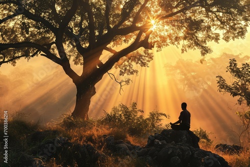 Artist's impression of a man praying under a tree, the sun casting long shadows and light patterns, symbolizing growth and spirituality.