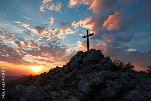Fototapet As dusk falls over Golgotha, the sky becomes a masterpiece of divine artistry, with the cross silhouetted against the last light of a day marked by sacrifice