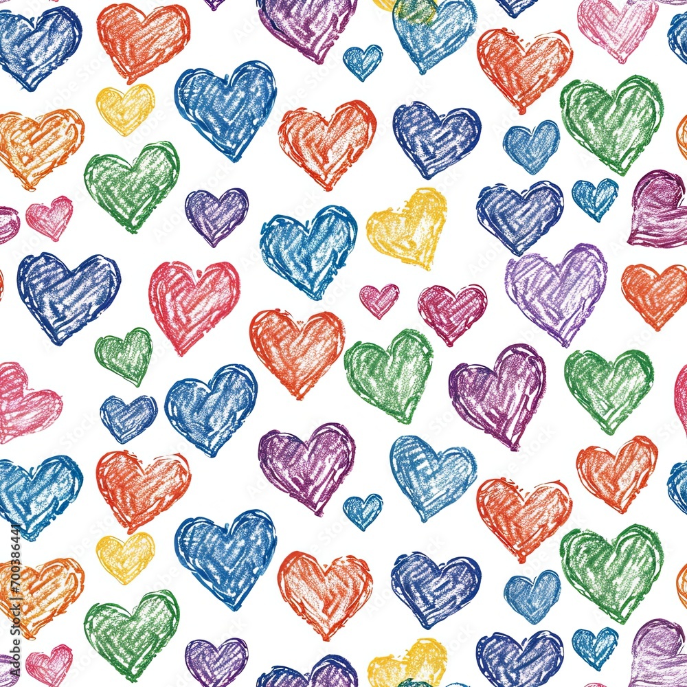Fototapeta premium Colorful Crayon Hearts: A Whimsical Display of Love and Artistry. Seamless heart color pencil drawing.