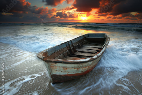 A wooden boat on the shore with waves gently lapping against it, under a beautiful sunset sky, long exposure