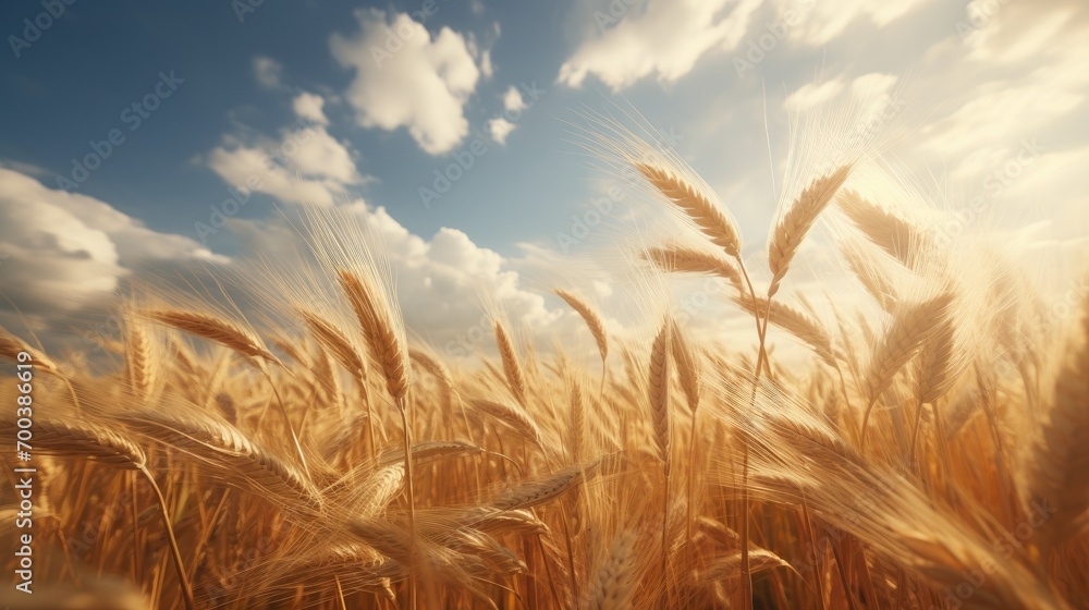 A peaceful wheat field waving in the breeze. - obrazy, fototapety, plakaty 