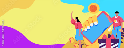 Holiday shopping people doing e-commerce online shopping flat vector concept operation hand drawn illustration
