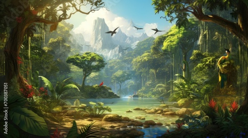 A lush tropical rainforest with towering trees and exotic birds.