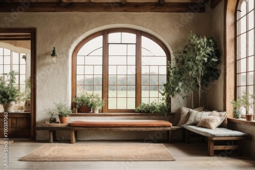 Farmhouse Bohemian interior home design of modern entrance hall with old plant vase, rustic wooden bench and old window near old wall plaster © Basileus