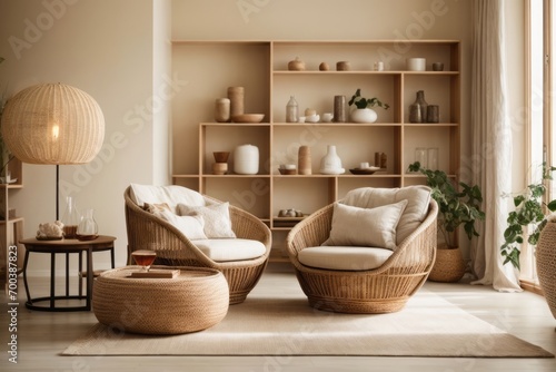Scandinavian interior home design of modern living room with wicker chairs and ornate shelves photo
